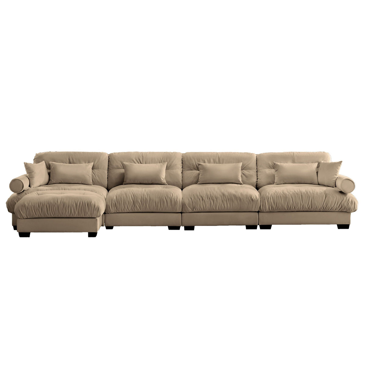 Modern Sectional Sofa With Ottoman, Round Bolster Armrests, Waist And Throw Pillows