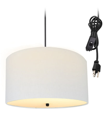 16"W 2 Light Swag Plug-In Pendant White Linen Drum with Diffuser Black Cord