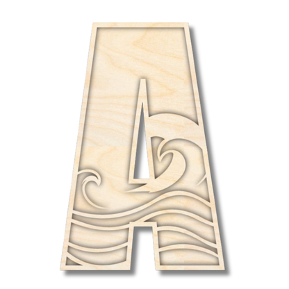 Unfinished Wood Layered Themed Letters | Wave | A-Z | 2 Piece | up to 24"