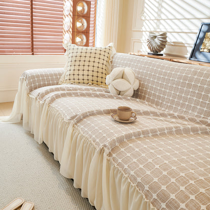 Grid Textured Sofa Cover with Sheer Ruffle Skirt, Pet-Friendly Sofa Throw Slipcover
