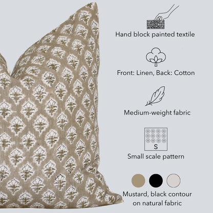 Rhea Floral Block Printed Pillow Cover | Mustard