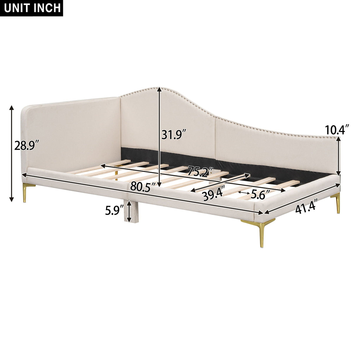 Upholstered Daybed With Headboard And Armrest, Support Legs