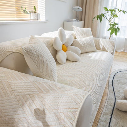 Quilted Geometric Cotton Sofa Cover, Non-Slip & Thick Padded Furniture Covers