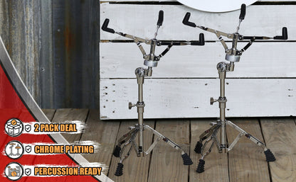 2-PACK Snare Drum Stand by GRIFFIN | Chrome Double Braced, Light Weight Mount for Standard Snares, Tom Drums & Practice Pad | Slip-Proof Gear Tilter & Clamp Style Basket Holder Percussion Hardware Kit