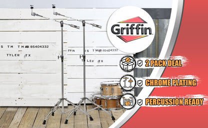 Cymbal Stand With Boom Arm by GRIFFIN (Pack of 2) | Drum Percussion Gear Hardware Set with Double Braced Legs | Counterweight Adapter for Mounting Heavy Duty Crash, Ride, Splash Cymbals For Drummers