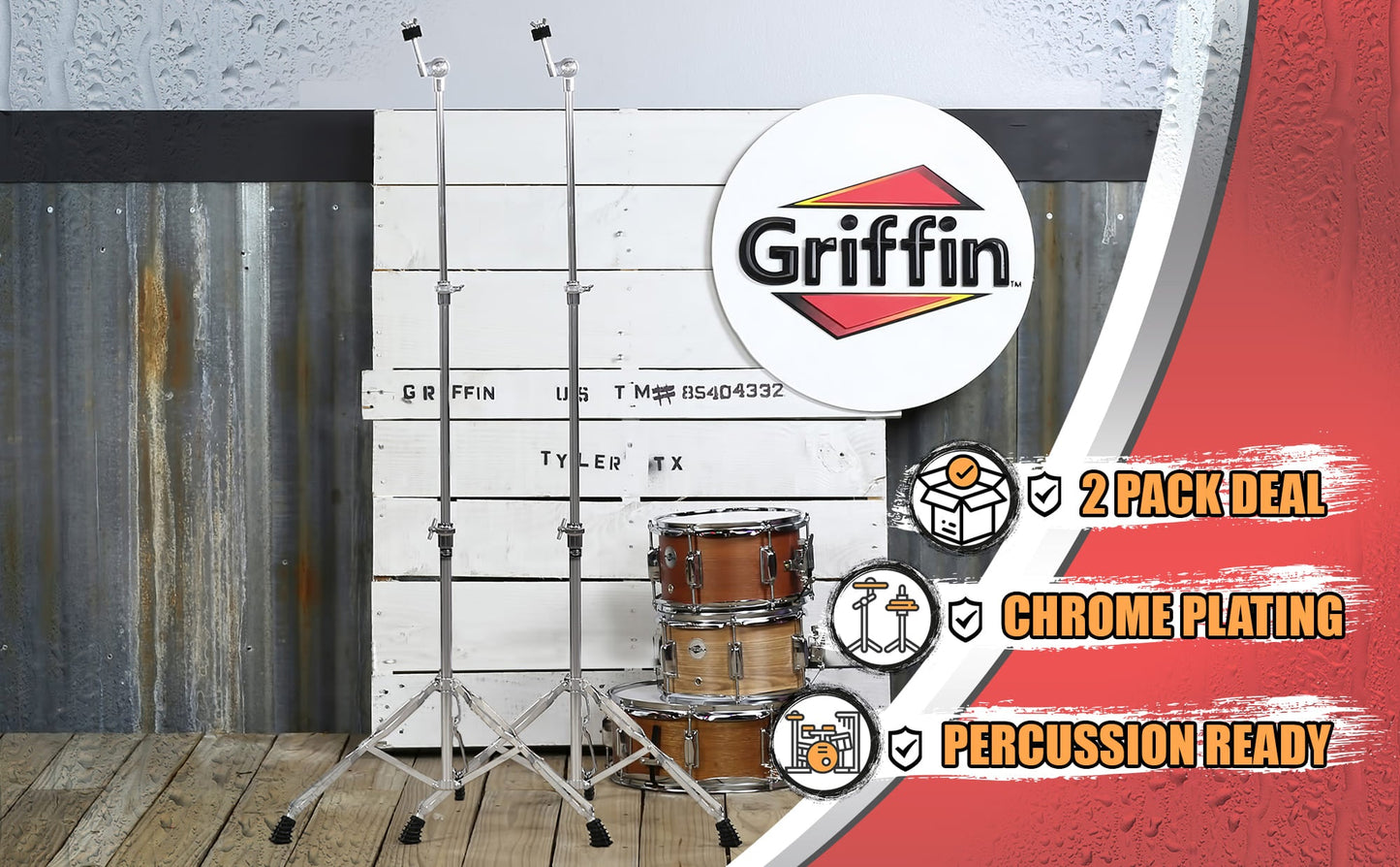 Straight Cymbal Stand (2 Pack) by GRIFFIN | Double Braced Legs, Slip-Proof Gear Holder | Light-Duty for Mobile Drummers | Percussion Drum Hardware Set for Mounting Crash, Ride & Splash Cymbals