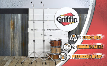 Straight Cymbal Stand (2 Pack) by GRIFFIN | Double Braced Legs, Slip-Proof Gear Holder | Light-Duty for Mobile Drummers | Percussion Drum Hardware Set for Mounting Crash, Ride & Splash Cymbals