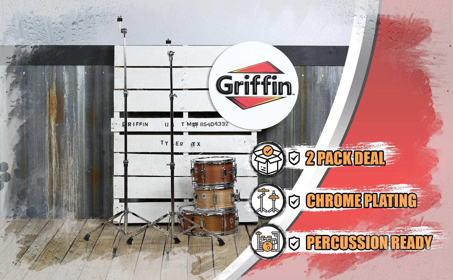 Straight Cymbal Stand (2 Pack) by GRIFFIN - Double Braced Legs, Slip-Proof Gear Holder - Light-Duty for Mobile Drummers Percussion Drum Hardware Set