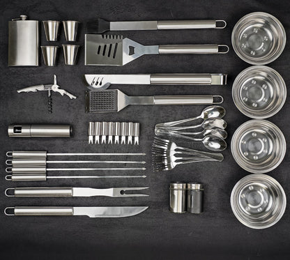 “Texas" Camping Accessories BBQ Tools Set in a Wooden Case, 39 items