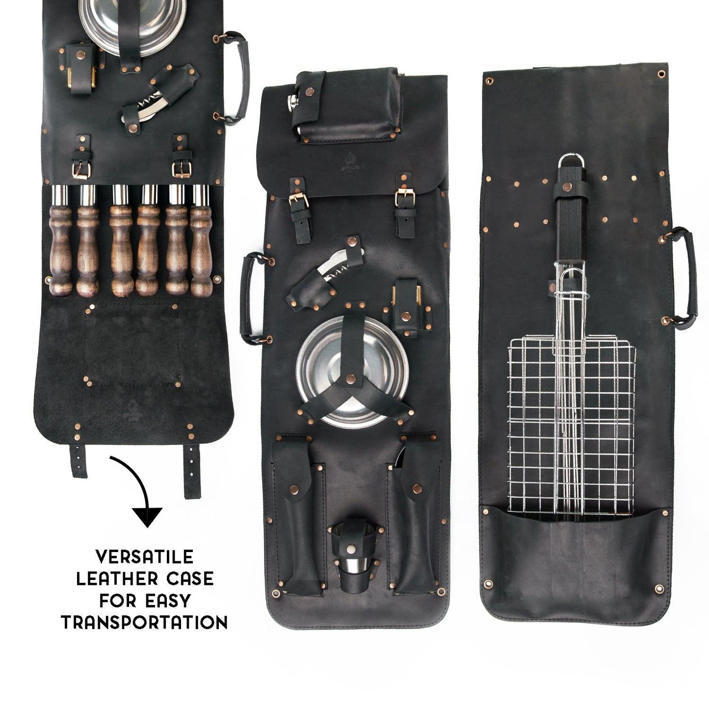 “The Traveler" Camping Accessories BBQ Skewers Set in a Leather Case , 35 items