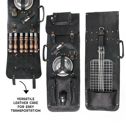 “The Traveler" Camping Accessories BBQ Skewers Set in a Leather Case , 35 items