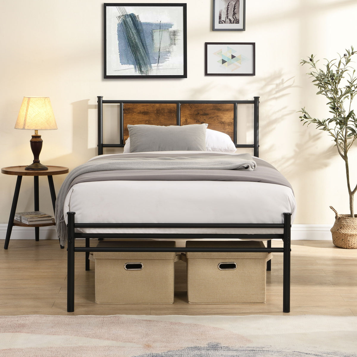 ModerMetal Bedframe With Wood Panel Headboard