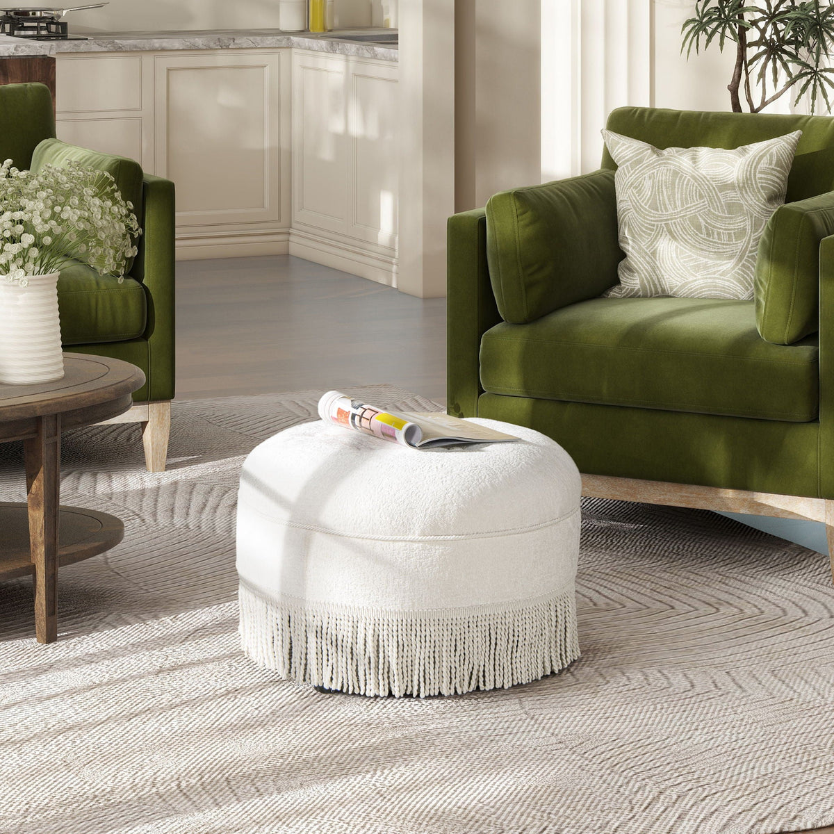 Yolanda - Round Upholstered Accent Ottoman - Almond White
