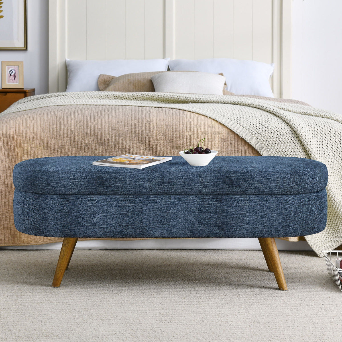Modern Ottoman Oval Storage Bench With Rubber Wood Legs
