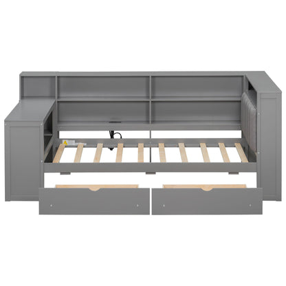 Platform Bed With Upholstered Headboard, Storage Shelves, Drawers, Charging Station, LED Lighting, Built In Desk