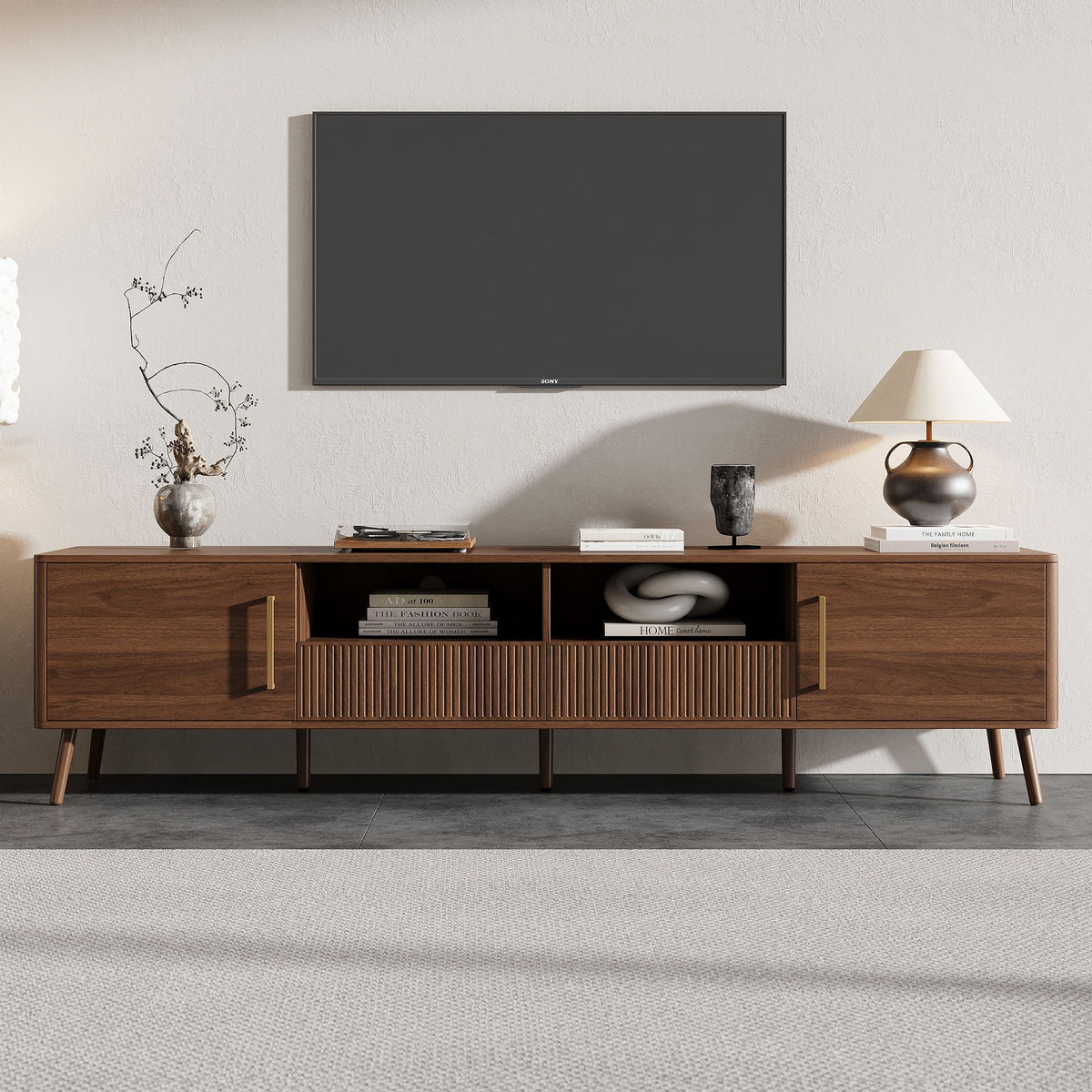 TV Stand For TVs Up To 85" With Soft-Close Doors, Open Shelf, Cable Management - Walnut
