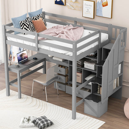 Loft Bed & L Shaped Desk, Drawers, Cabinet, And Storage Staircase