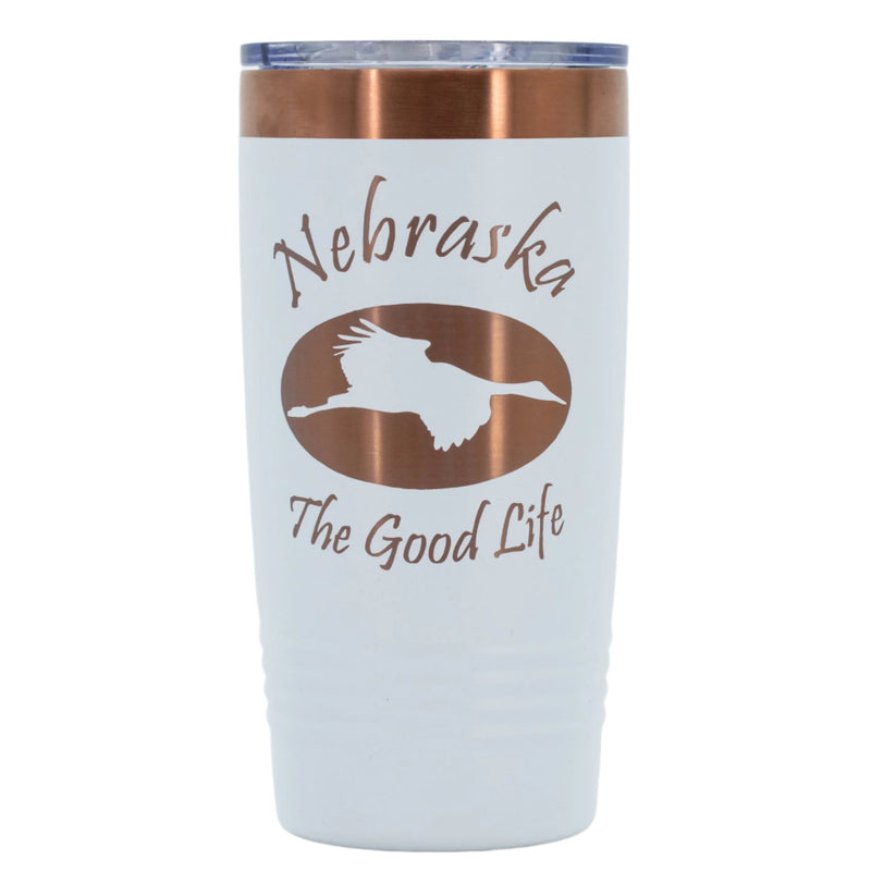 Nebraska The Good Life Sandhill Crane Stainless Steel Vacuum Insulated Tumbler | 20 oz | Rose Gold & White | RCK Creations & More