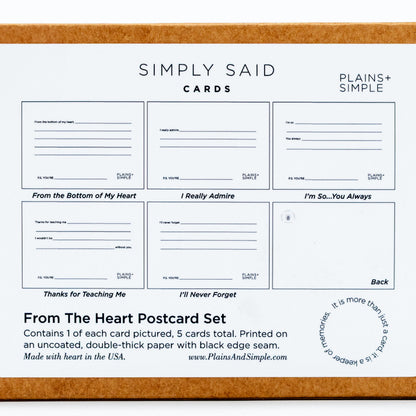 SALE | Simply Said From The Heart Postcard Set | 5 Cards | Plains + Simple
