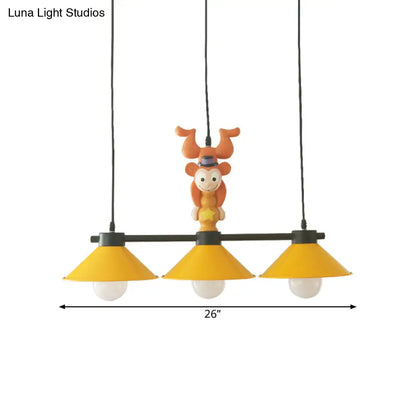 DecorBites™ 3-Head Yellow Cone Pendant Lamp with Monkey Décor for Island Lighting