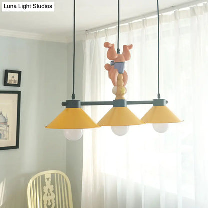 DecorBites™ 3-Head Yellow Cone Pendant Lamp with Monkey Décor for Island Lighting