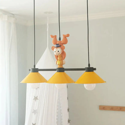 DecorBites™ 3-Head Yellow Cone Pendant Lamp with Monkey Décor for Island Lighting