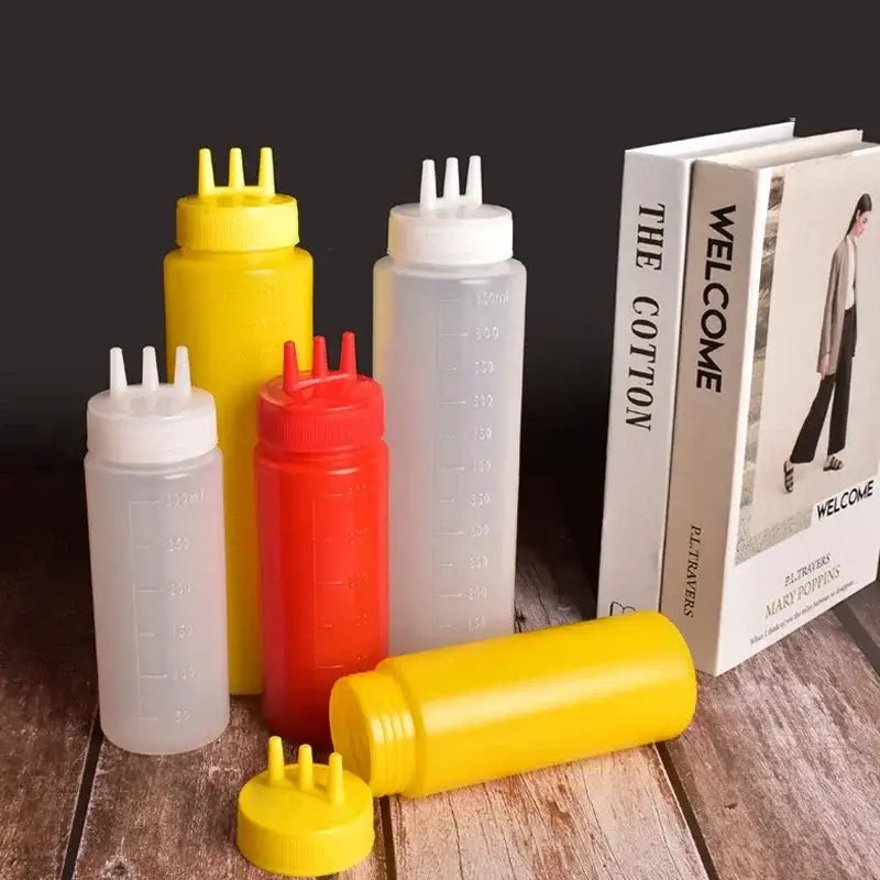 3-hole multi-color squeeze bottle condiment dispenser kitchen set