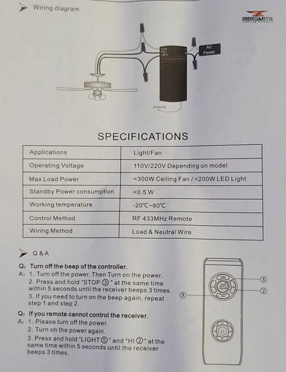 3-in-1 Remote Control for Ceiling Fan