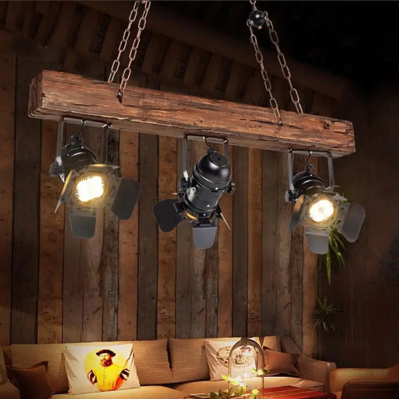 DecorBites™ 3 Lights Vintage Metal and Wood Island Pendant Light with Wooden Beam in Black
