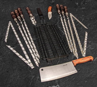 “Odin" Grilling Accessories BBQ Skewers Set  in a Wooden Case, 45 items