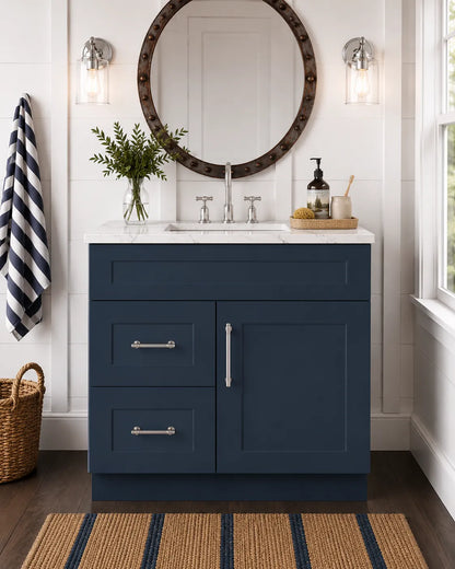 30 Inch Navy Blue Shaker Single Sink Bathroom Vanity with Drawers on the Left