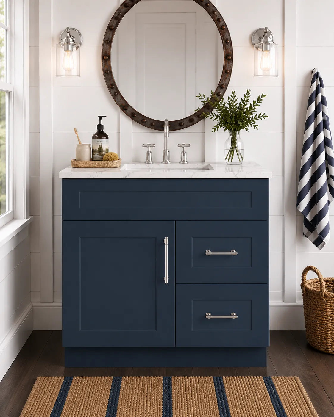 30 Inch Navy Blue Shaker Single Sink Bathroom Vanity with Drawers on the Right