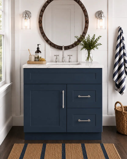 30 Inch Navy Blue Shaker Single Sink Bathroom Vanity with Drawers on the Right