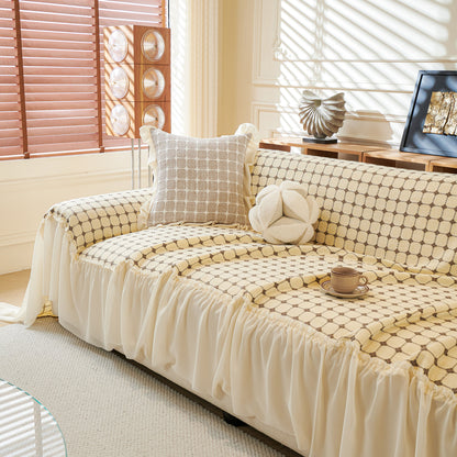Grid Textured Sofa Cover with Sheer Ruffle Skirt, Pet-Friendly Sofa Throw Slipcover