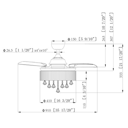 36" Bangaiore Modern Downrod Mount Crystal Ceiling Fan with Lighting and Remote Control
