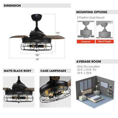 36" Benally Industrial Downrod Mount Ceiling Fan with Lighting and Remote Control