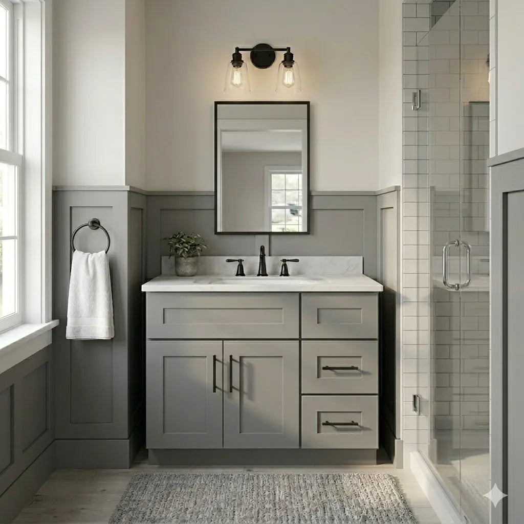 36 Inch Grey Shaker Single Sink Bathroom Vanity with Drawers on the Right