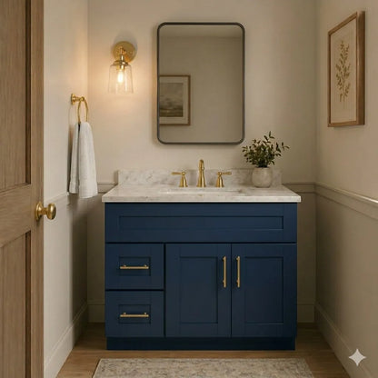36 Inch Navy Blue Shaker Single Sink Bathroom Vanity with Drawers on the Left