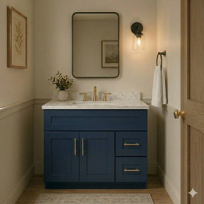 36 Inch Navy Blue Shaker Single Sink Bathroom Vanity with Drawers on the Right