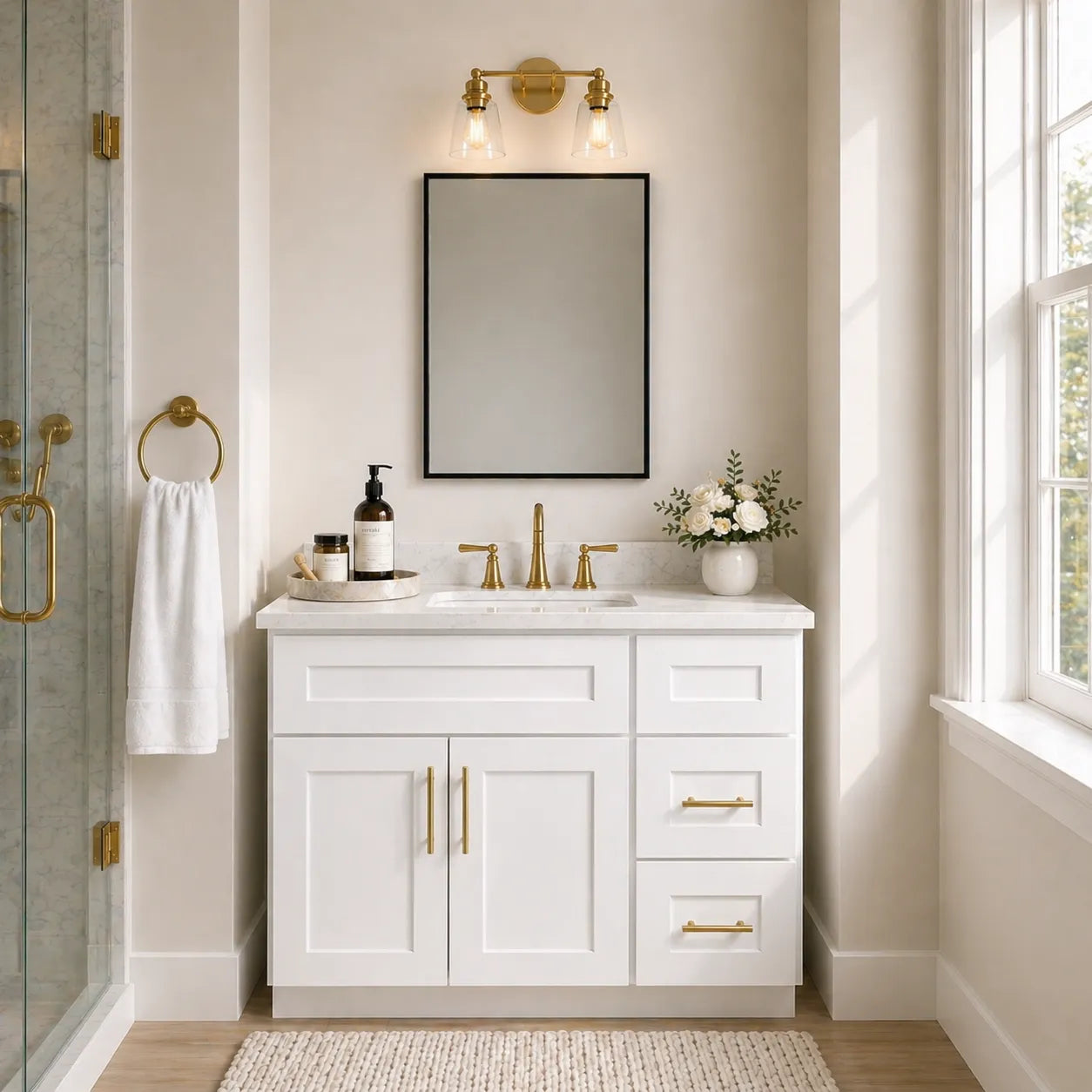 36 Inch White Shaker Single Sink Bathroom Vanity with Drawers on the Right