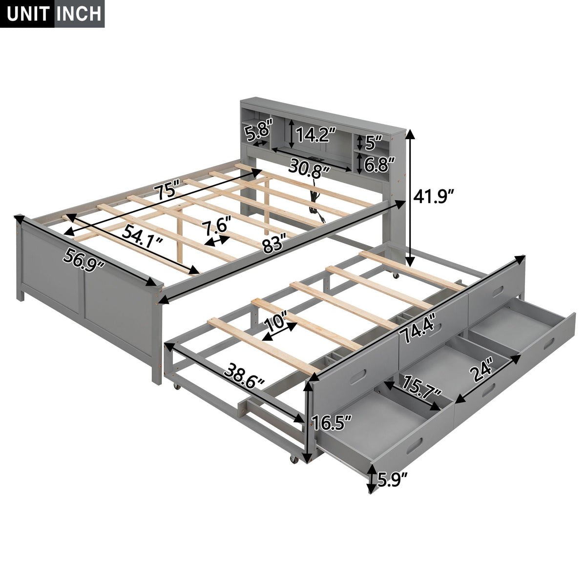 Platform Bed With Storage Headboard, USB, Trundle And 3 Drawers