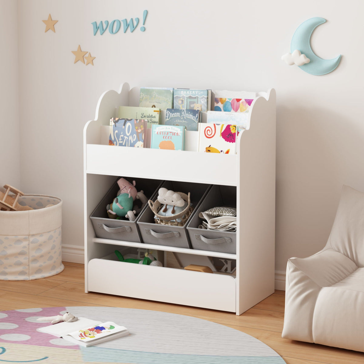 Bookshelf With Storage Bins And Drawer, Multi Functional Book Organizer For Toddlers - White