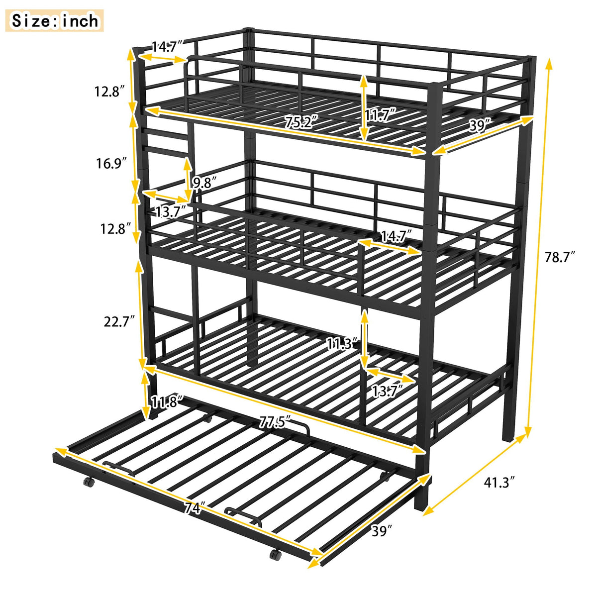 Triple Bunk Bed With Trundle, Heavy Duty Steel Construction