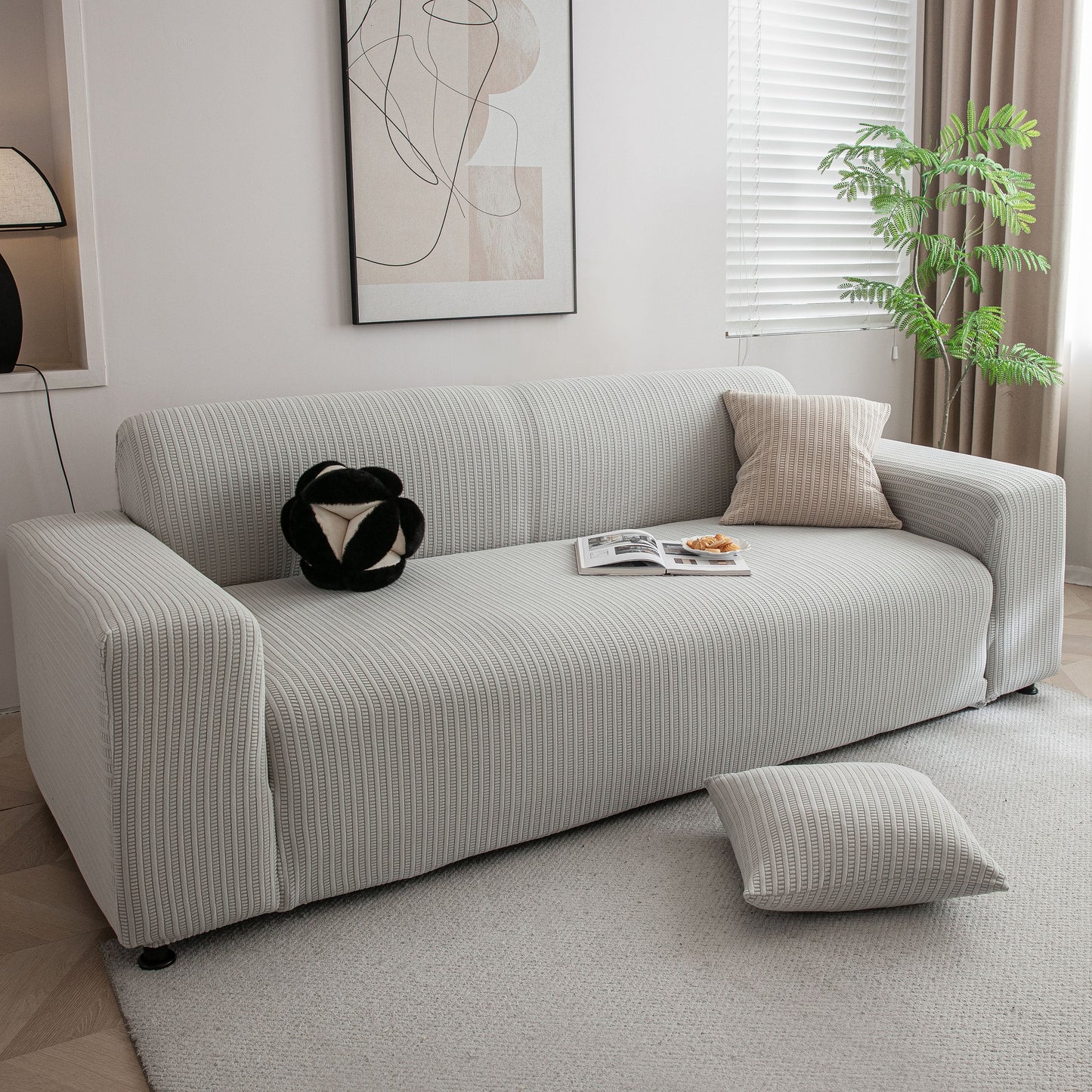 3D Grid Jacquard Sofa Cover, High Stretch Plush Waffle Couch Slipcover with Tie Straps