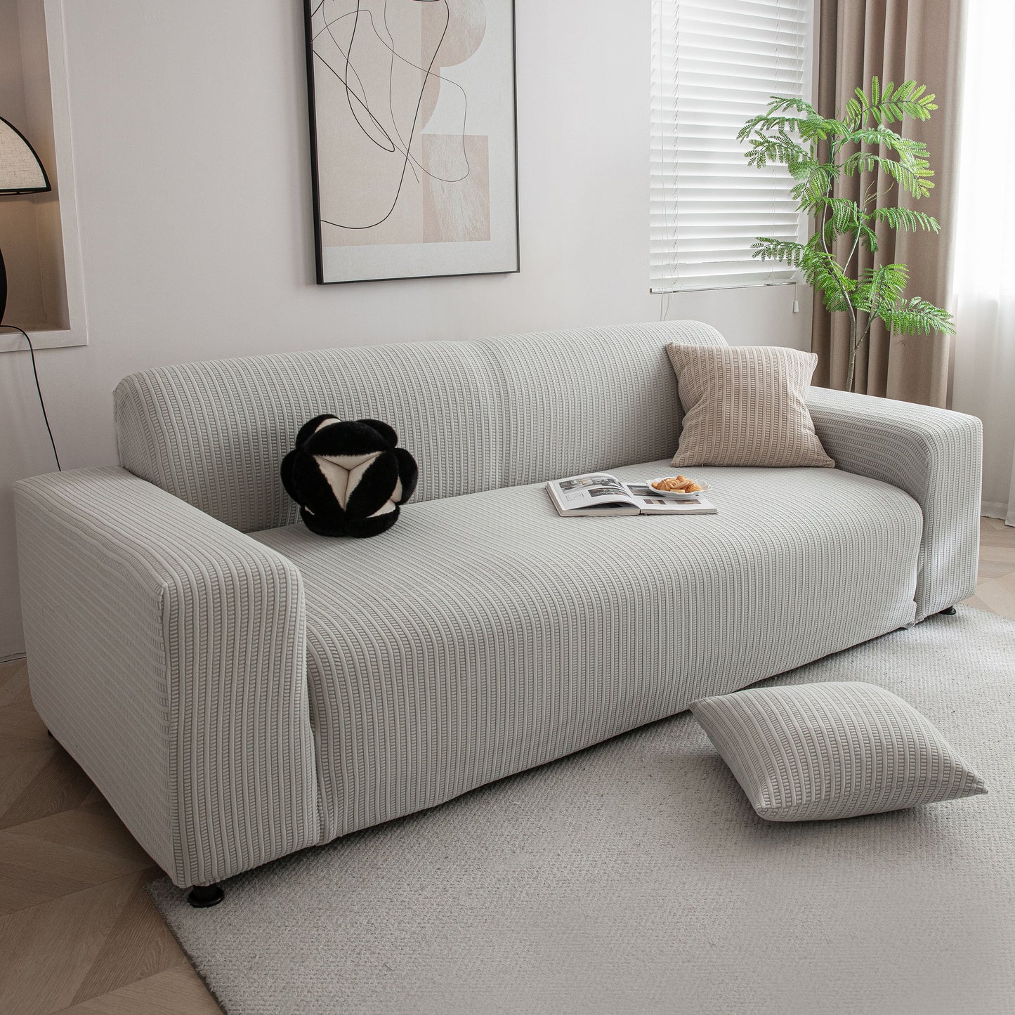 3D Grid Jacquard Sofa Cover, High Stretch Plush Waffle Couch Slipcover with Tie Straps