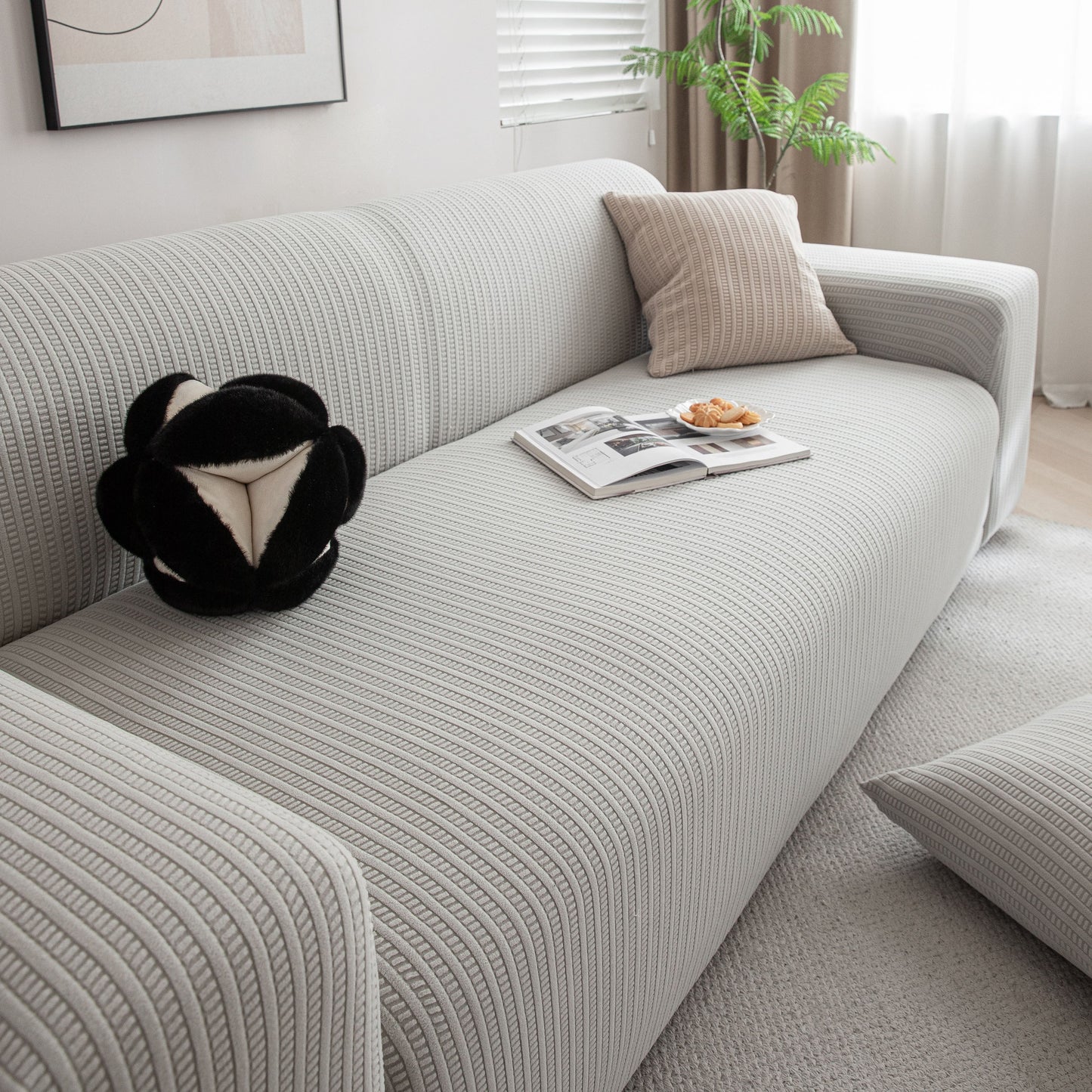 3D Grid Jacquard Sofa Cover, High Stretch Plush Waffle Couch Slipcover with Tie Straps