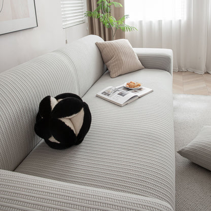 3D Grid Jacquard Sofa Cover, High Stretch Plush Waffle Couch Slipcover with Tie Straps
