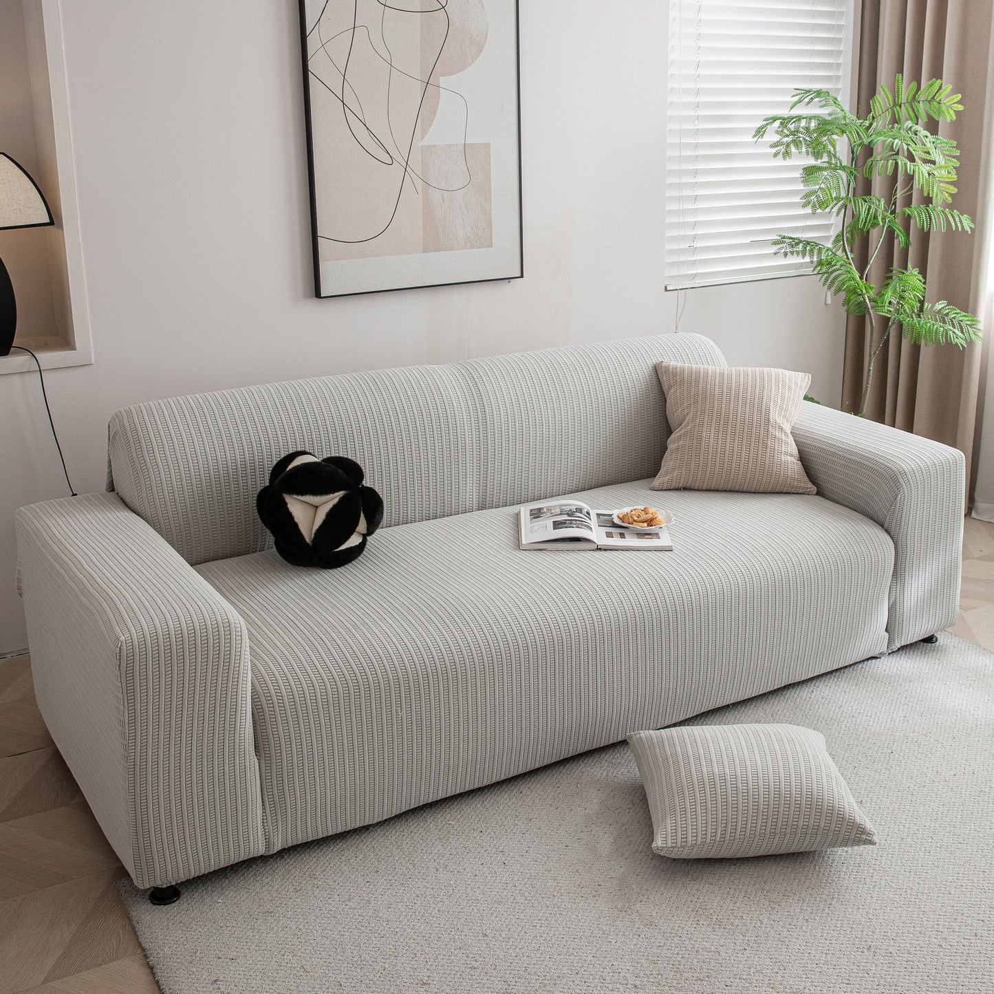3D Grid Jacquard Sofa Cover, High Stretch Plush Waffle Couch Slipcover with Tie Straps