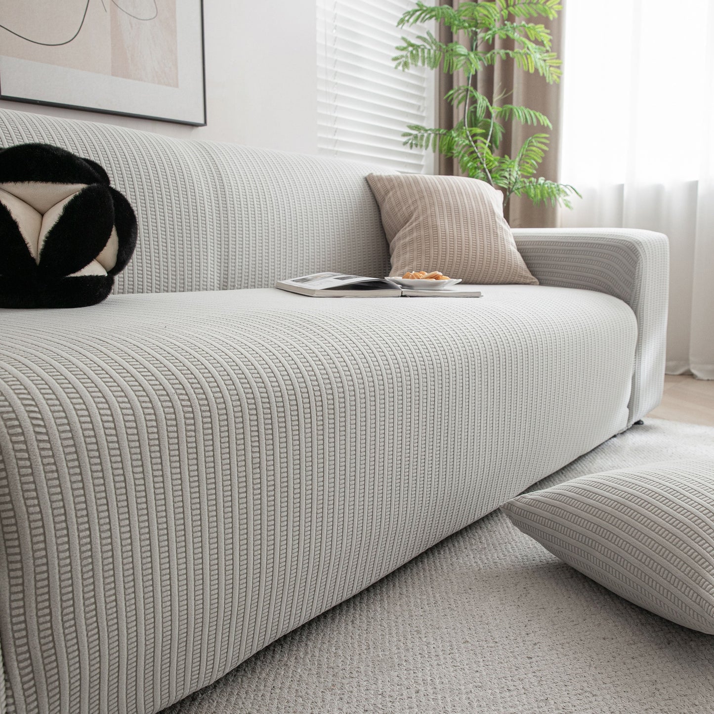 3D Grid Jacquard Sofa Cover, High Stretch Plush Waffle Couch Slipcover with Tie Straps
