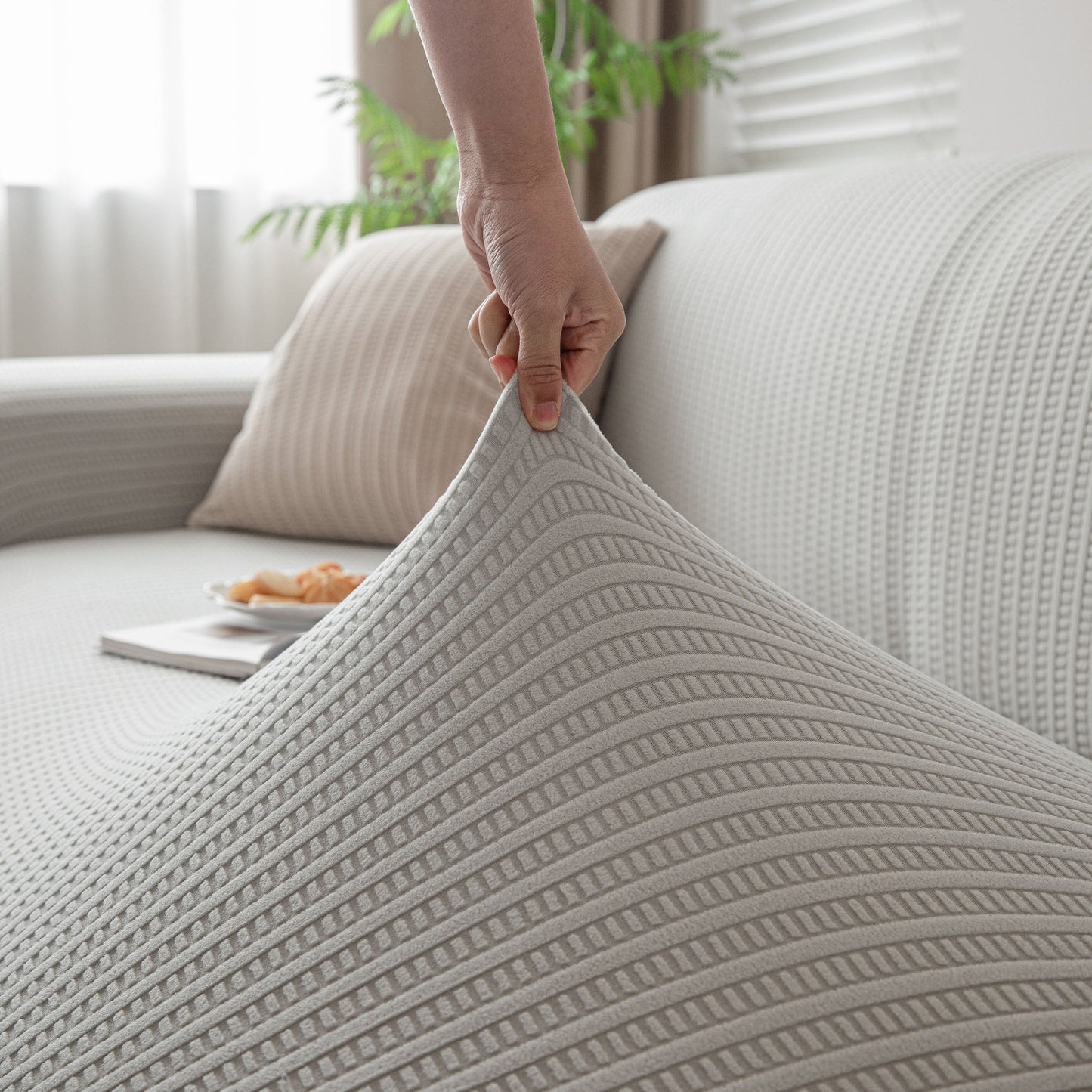 3D Grid Jacquard Sofa Cover, High Stretch Plush Waffle Couch Slipcover with Tie Straps